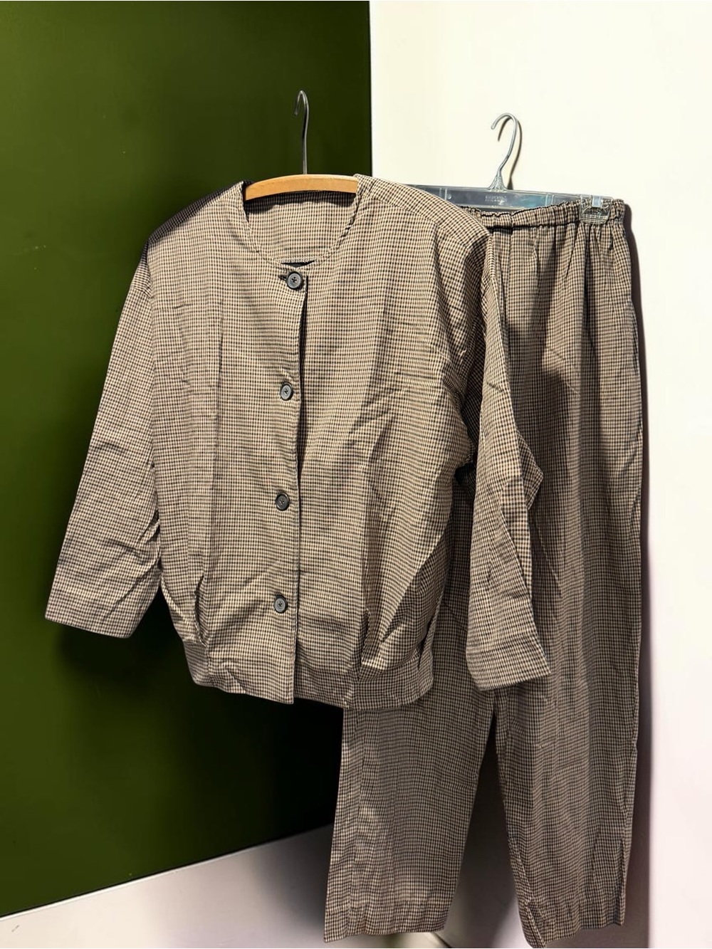 Vintage Homemade Checked 2pc Pajama Set Button Top Wide Leg Pants XL 1X